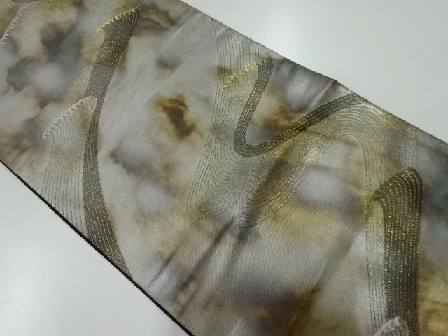 リサイクル　服部織物製　こはく錦荒波模様織出し袋帯